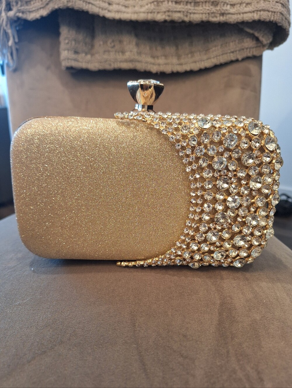Gold Rhinestone Clutch w/ Crystal Encrusted Half Design EUC